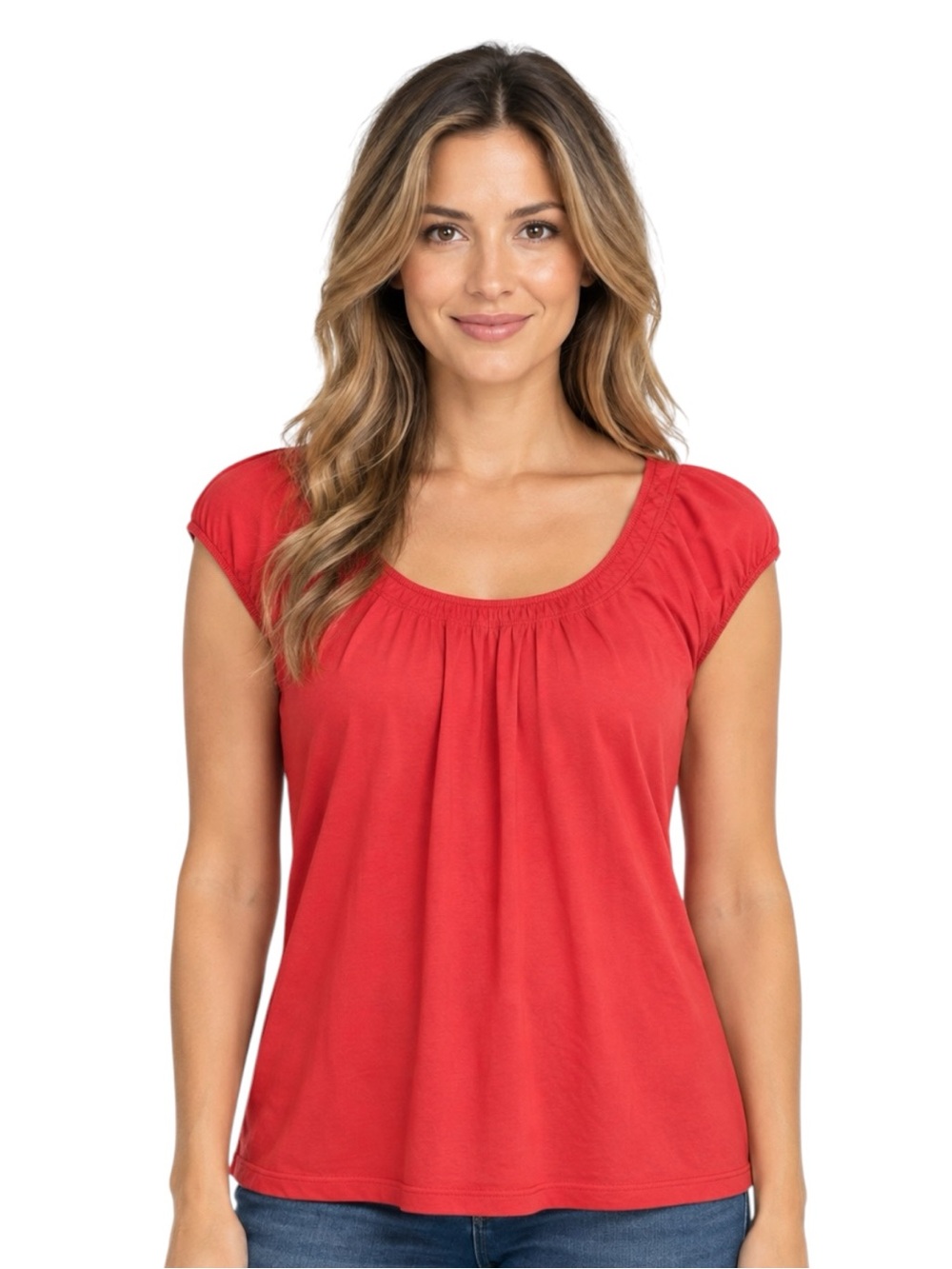 Ann Taylor LOFT Red Scoop Neck Cap Sleeve Cotton Tee Size Large